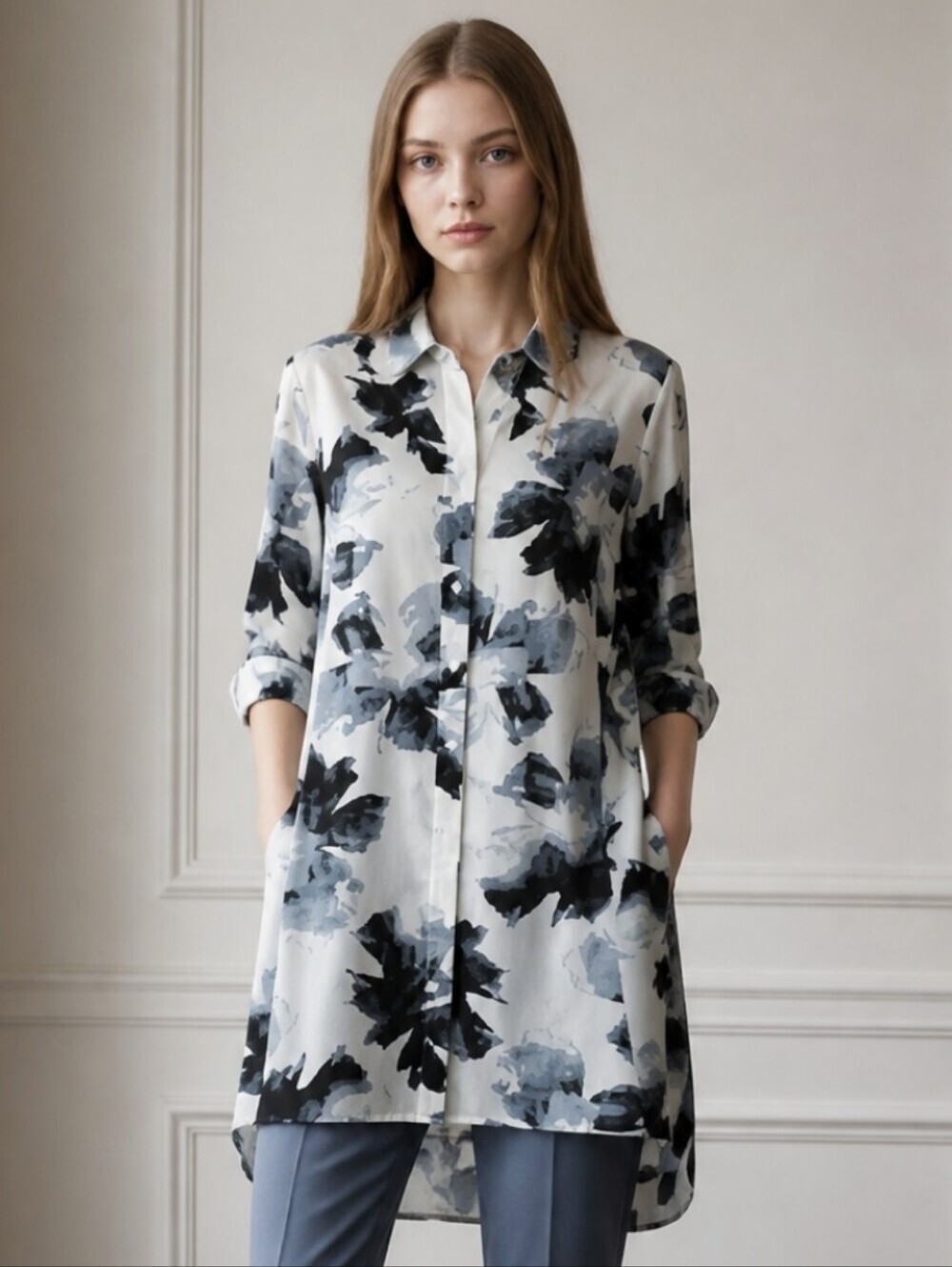 Baciano Versatile Dress Or Top Design Multi-Tone Blue Floral Size Medium